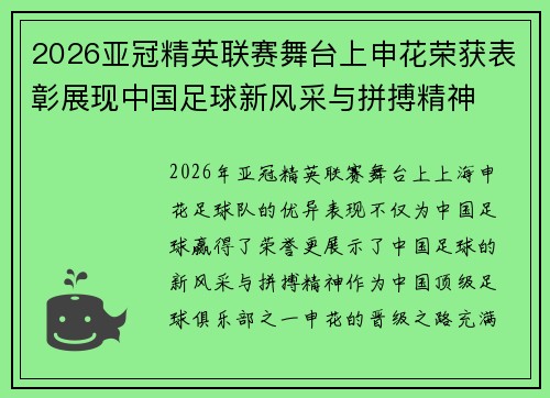 2026亚冠精英联赛舞台上申花荣获表彰展现中国足球新风采与拼搏精神 2026亚冠精英联赛舞台上申花荣获表彰展现中国足球新风采与拼搏精神