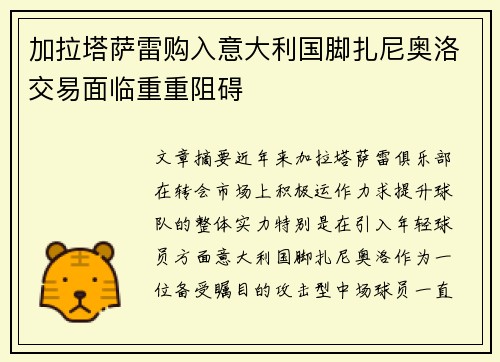 加拉塔萨雷购入意大利国脚扎尼奥洛交易面临重重阻碍